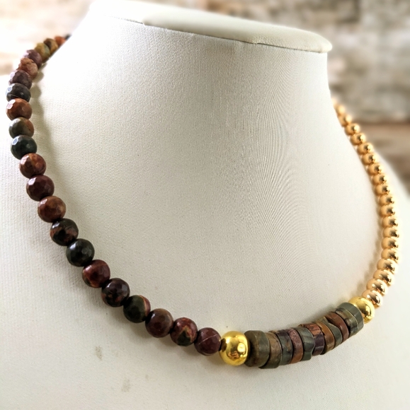 Natural Red Creek Jasper Earth Colors In Assymetrical  Choker/Necklace - Picture 3 of 8